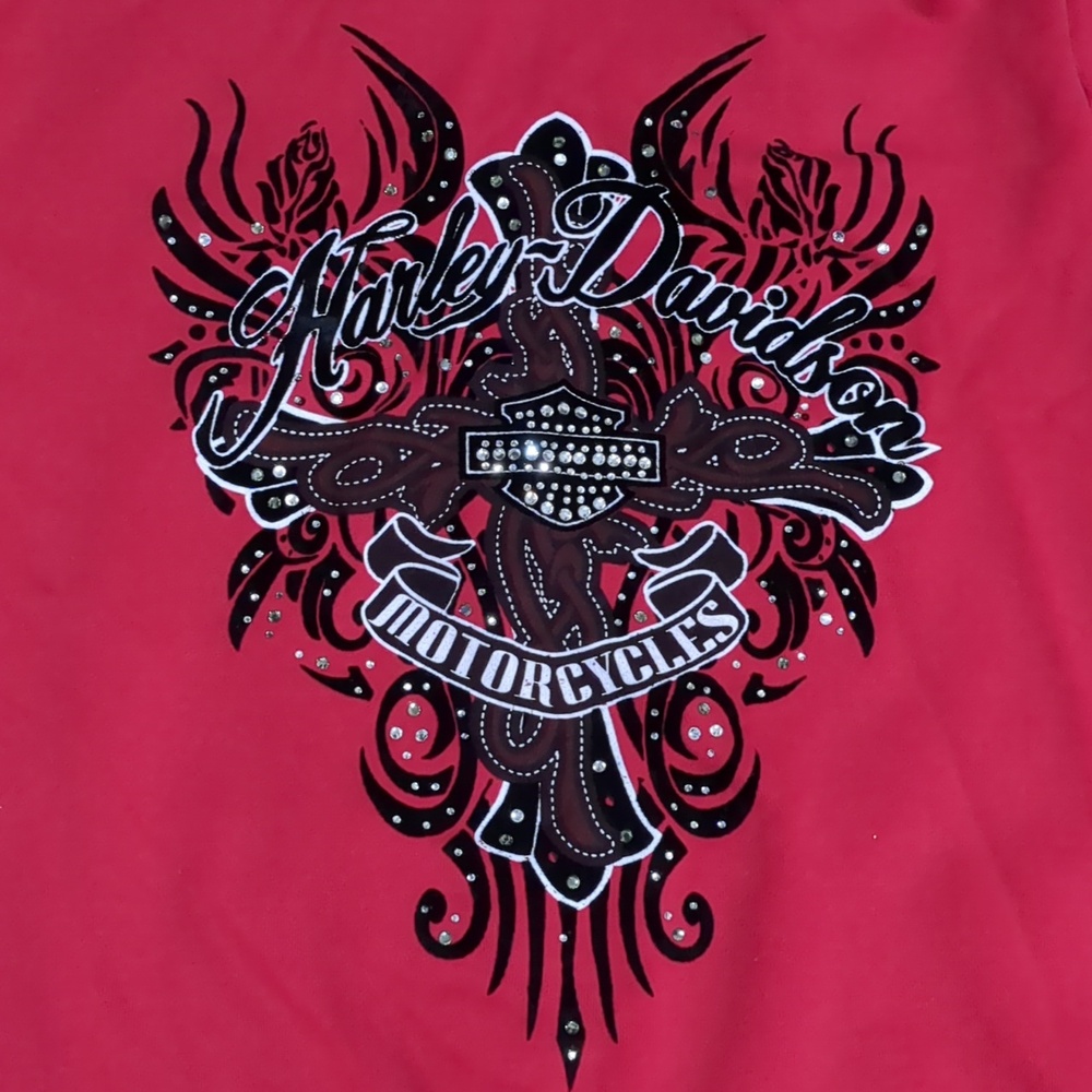 Harley Davidson Y2K Red Flocked Rhinestone Zip Up Hoodie Women's Sz XL - Picture 2 of 11